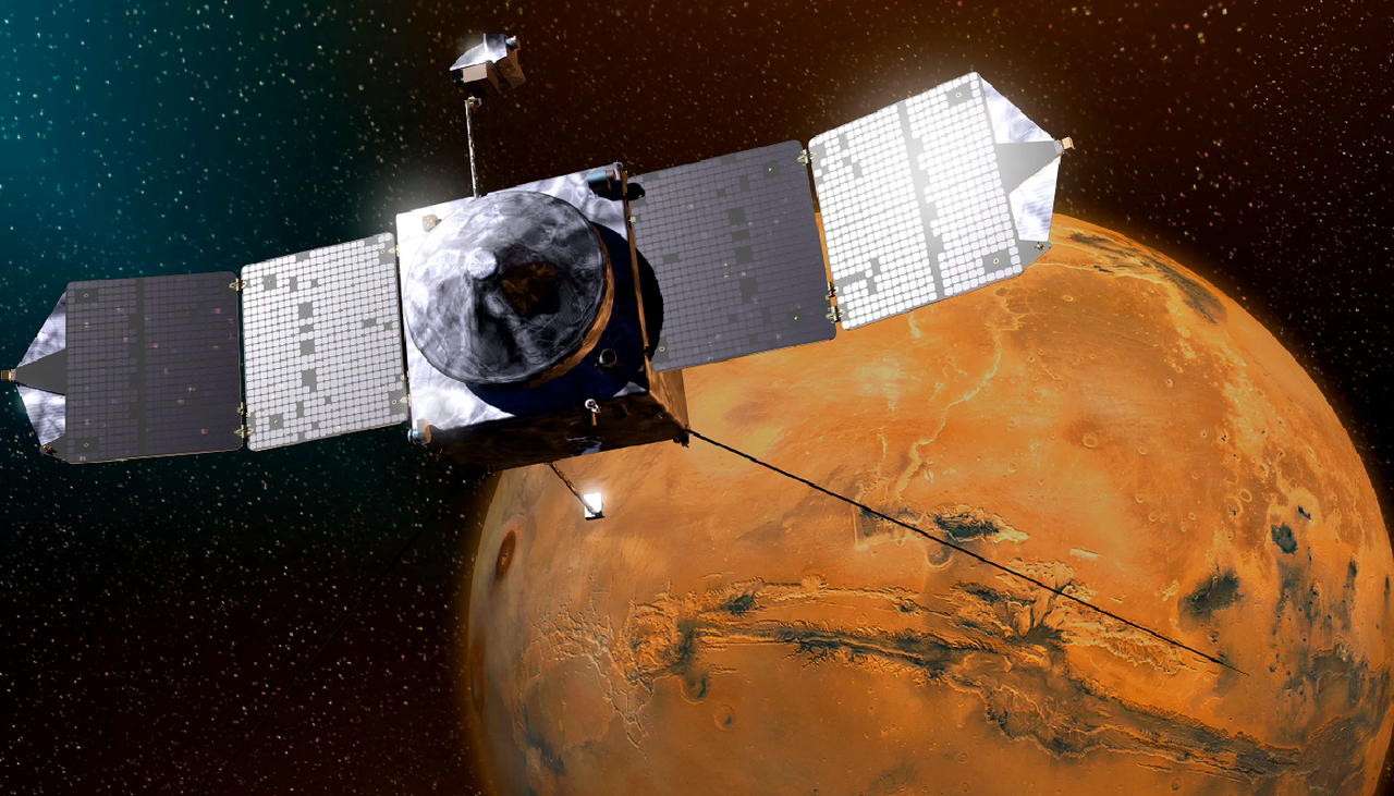 Rappresentazione artistica di MAVEN, missione NASA per lo studio dell'atmosfera marziana. Credit: NASA