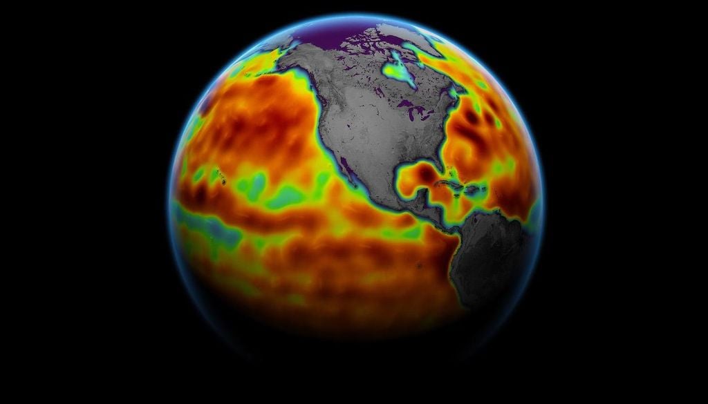 El nivel del mar medido por el satélite Sentinel-6 Michael Freilich: áreas rojas representan regiones donde el nivel del mar es superior al normal, y las azules donde es inferior al normal. Crédito: Observatorio Terrestre de la NASA.