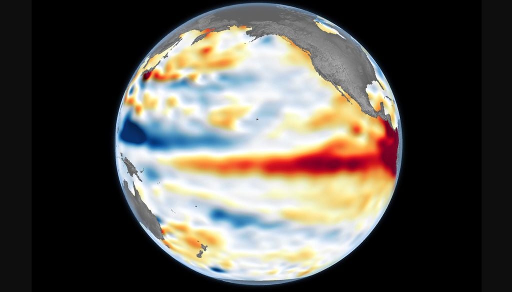 El 8 de junio de 2026, pocos días antes de la declaración de El Niño, se observan niveles del mar superiores a lo normal (en rojo) en el Pacífico central y oriental. Los datos para el mapa fueron obtenidos por el satélite Sentinel-6 Michael Freilich y procesados por científicos del Laboratorio de Propulsión a Chorro (JPL) de la NASA. Desde el 8 de junio de 2026, se han observado niveles del mar superiores a lo normal (en rojo) en el Pacífico central y oriental, datos obtenidos por el satélite Sentinel-6 Michael Freilich. Crédito: Observatorio Terrestre de la NASA/Lauren Dauphin.