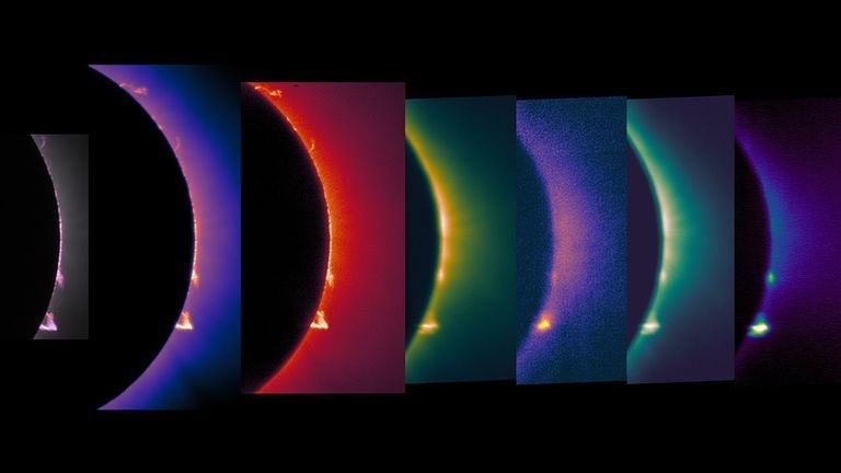 Estas imágenes de la corona y las protuberancias solares fueron captadas en diferentes longitudes de onda de luz visible e infrarroja por instrumentos generadores de imágenes a bordo de un avión WB-57 de la NASA durante el eclipse solar total del 8 de abril de 2024. Las mismas cámaras volarán en un avión WB-57 de la NASA durante el eclipse del 12 de agosto. NASA/ SwRI/William Ashfield