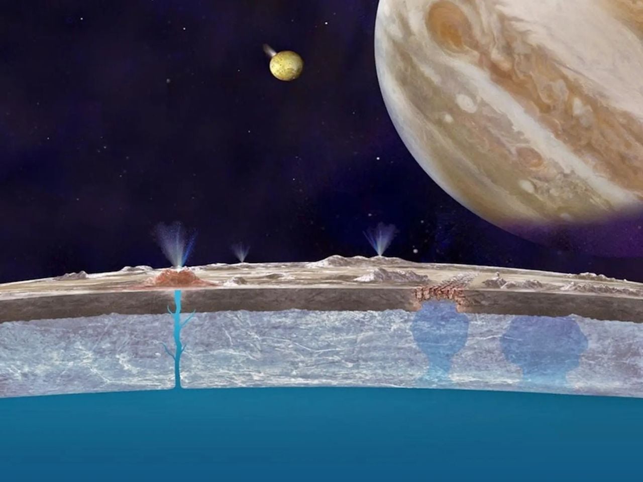 Impresión artística de la actividad de la columna en la superficie de Europa. Crédito: NASA/JPL-Caltech