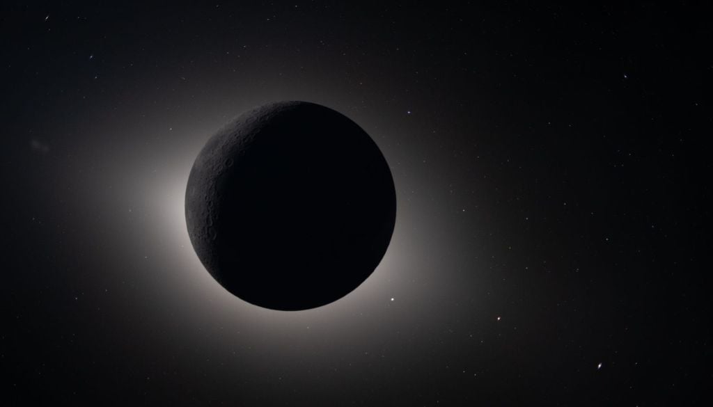 Un'incredibile eclissi solare vista dallo spazio, dove la Luna appare come un disco scuro bordato dal bagliore argentato della corona solare. Credits: NASA/JSC
