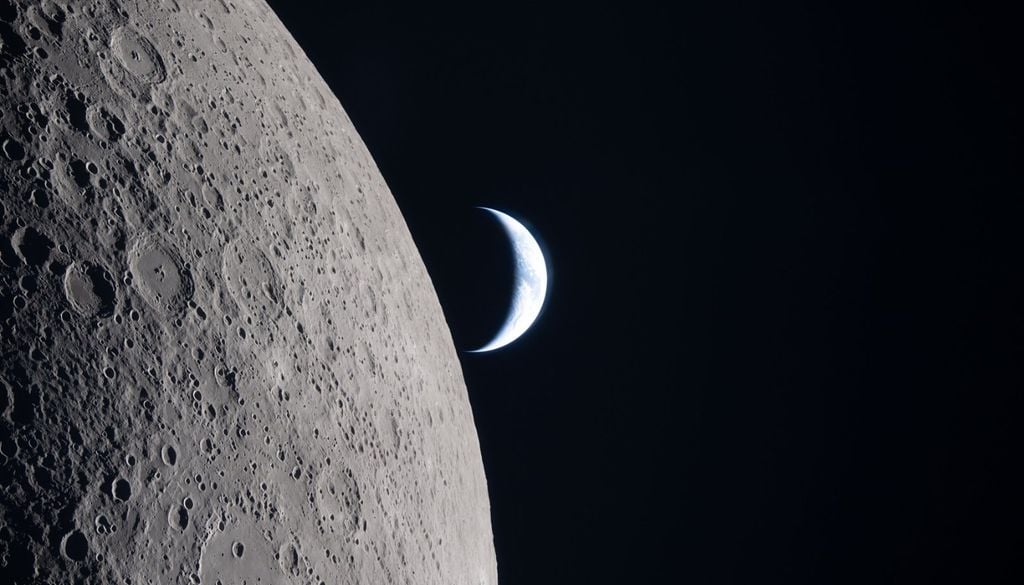 La Terra che sorge dietro il profilo frastagliato della Luna, dove sulla superficie del nostro satellite sono visibili i singoli crateri con una definizione tale da far percepire la ruvidità del suolo lunare in contrasto con la levigatezza azzurra del nostro pianeta. Credits: NASA/JSC