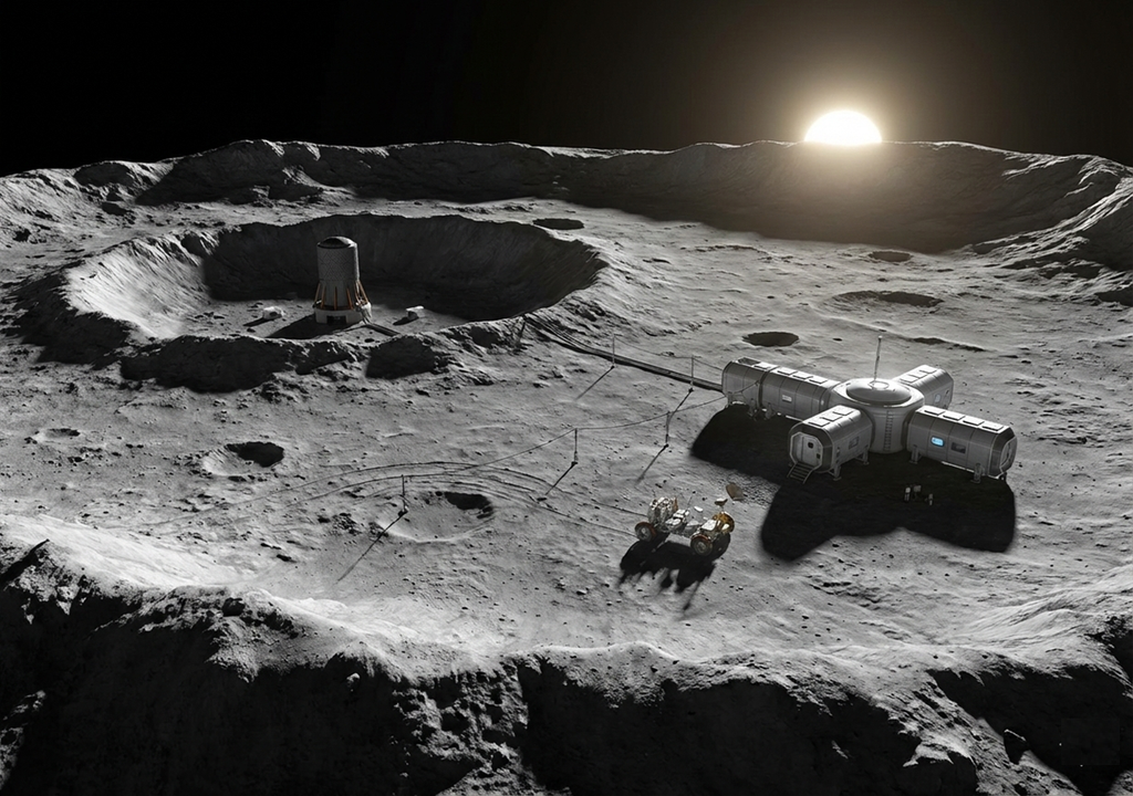 Al desarrollar un reactor de superficie lunar, las agencias buscan crear un sistema de energía adaptable para futuras misiones a Marte y otras actividades en el espacio profundo. Imagen: representación esquemática de cómo podría un reactor en la Luna.