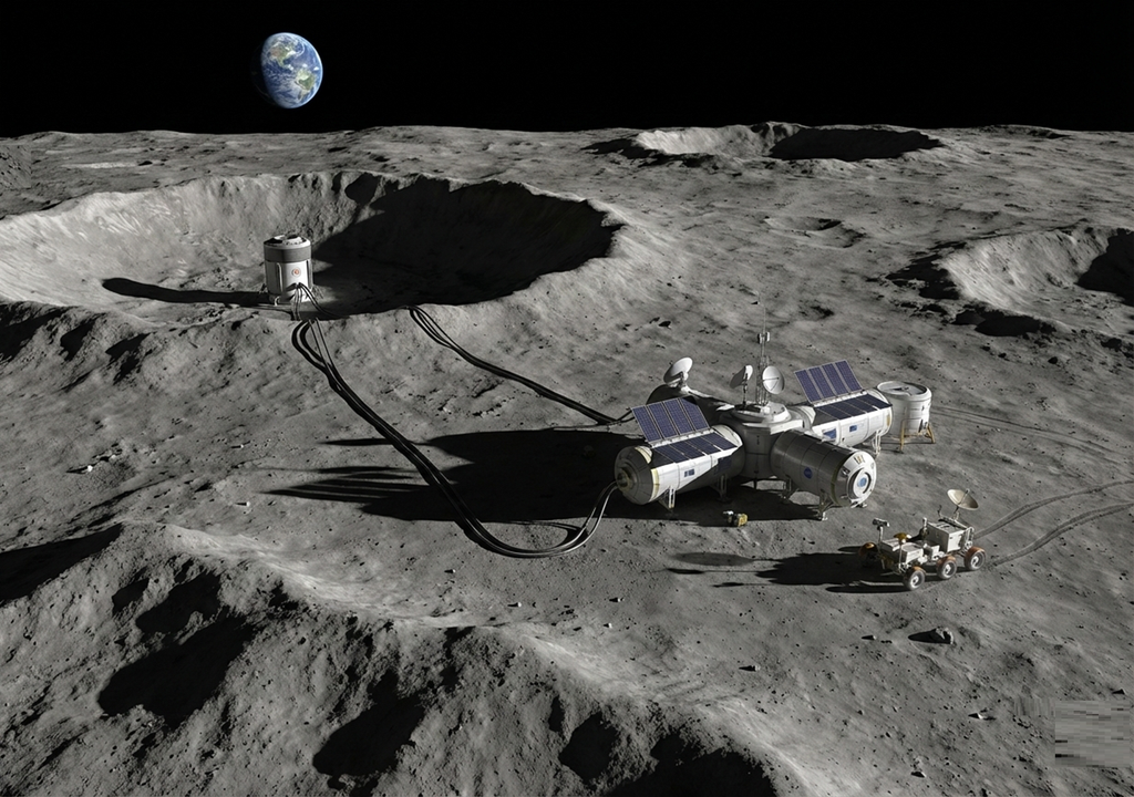 La NASA y el DOE prevén desplegar un sistema de energía de fisión en la superficie capaz de producir energía eléctrica segura, eficiente y abundante. Imagen: representación esquemática sobre la superficie lunar.