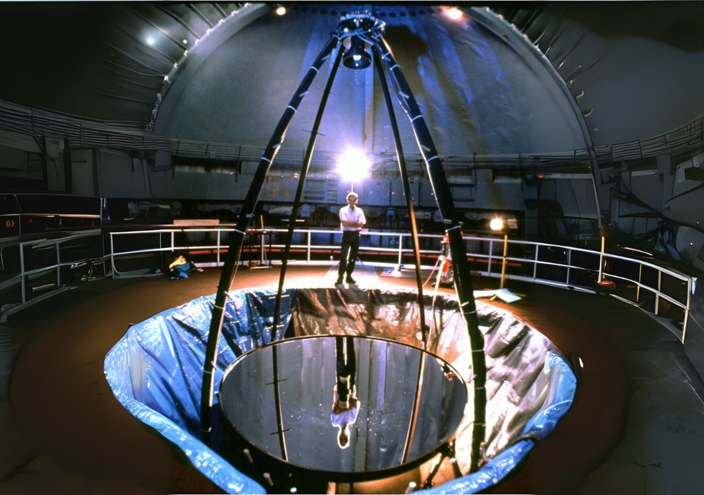 Telescopio de espejo líquido con sensores y motor en un módulo sobre el espejo suspendido. Telescopio de espejo líquido con sensores y motor en un módulo sobre el espejo suspendido.