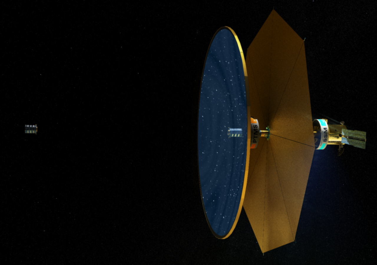 Arte conceptual del telescopio fluídico FLUTE, una propuesta experimental de la NASA para formar espejos en el espacio usando líquidos. (Crédito: NASA).