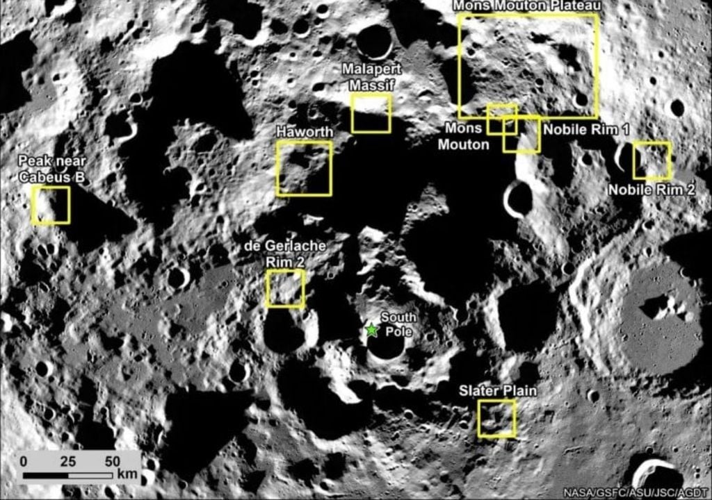 Artemis Luna Tierra NASA Lugares candidatos al próximo alunizaje. Crédito: NASA.