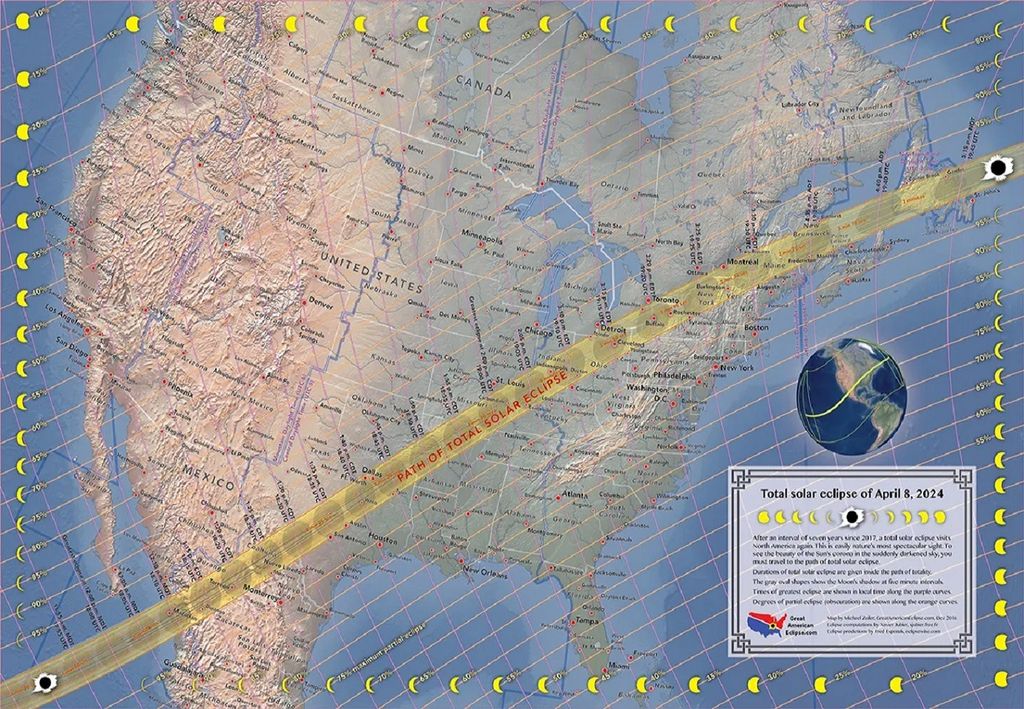 La trajectoire de l'éclipse solaire totale traverse le Mexique, les États-Unis, du Texas au Maine, et jusqu'au Canada. Crédit : Great American Eclipse, LLC.