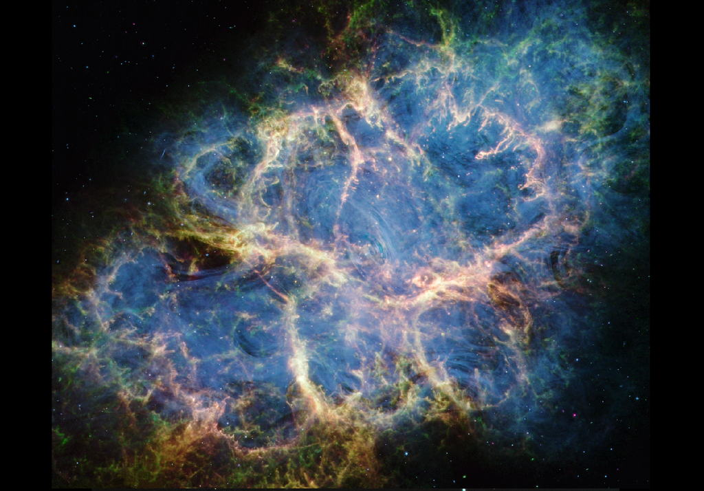 Crab Nebula Immagine della Nebulosa del Granchio nella banda infrarossa presa dal telescopio James Webb nel 2024. Credit: NASA, ESA, CSA, STScI, Tea Temim (Princeton University)