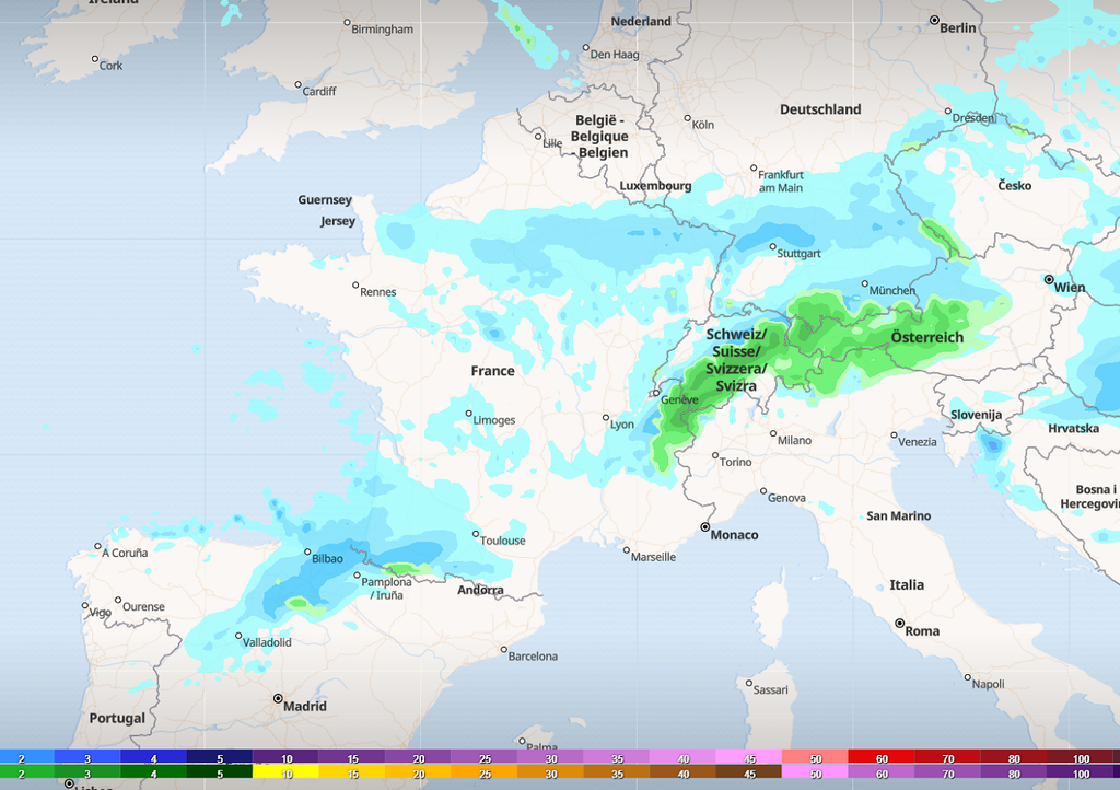 Les quelques précipitations attendues en milieu de semaine prochaine se produiront sous forme de neige uniquement sur le nord des Alpes. Les quelques précipitations attendues en milieu de semaine prochaine se produiront sous forme de neige uniquement sur le nord des Alpes.
