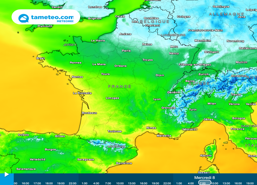 Un air froid mais humide est envisagé pour le milieu de semaine en direction des frontières du Nord-Est. Un risque de neige seule est alors présent.