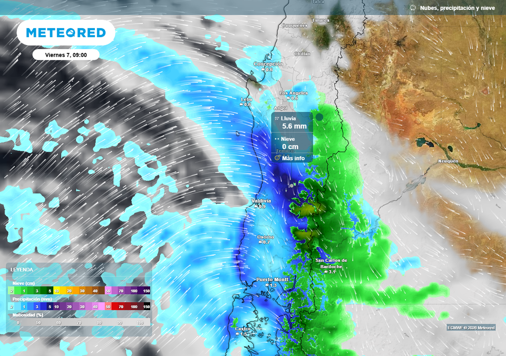 Sistema frontal dejará fuertes pulsos de lluvia en el centro-sur de Chile Precipitación (mm) para la mañana del viernes (07) en Chile centro-sur.