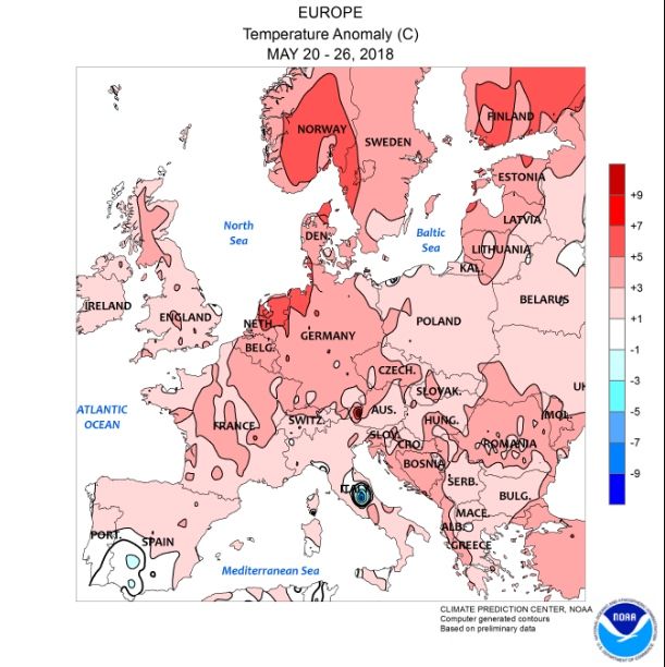 La Nieve Y El Hielo Casi Desaparecen De Europa A Finales De Mayo Anomalías de temperatura en Europa durante la semana 20-26 de mayo de 2018
