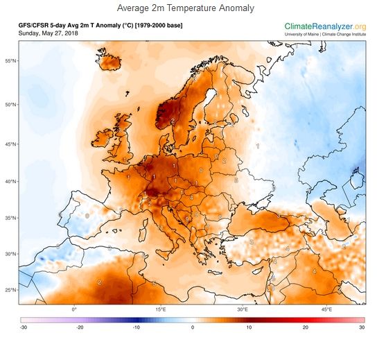La Nieve Y El Hielo Casi Desaparecen De Europa A Finales De Mayo Anomalías de temperatura a 2 m para Europa según el modelo GFS a 5 días vista a partir del 27 de mayo de 2018
