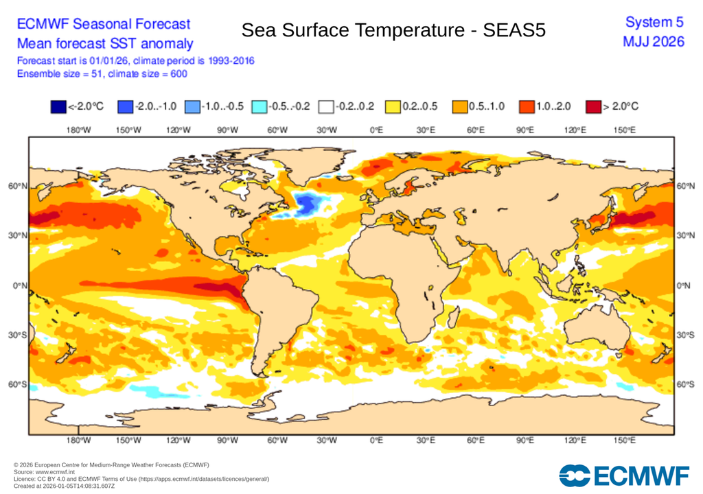 Pronóstico de anomalía de temperaturas superficiales del mar. ECMWF Pronóstico de anomalía de temperaturas superficiales del mar. ECMWF