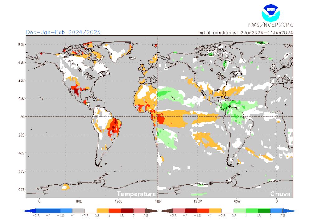 Previsões climáticas de anomalia de temperatura (esquerda) e chuva acumulada (direita) Previsões climáticas de anomalia de temperatura (esquerda) e chuva acumulada (direita)