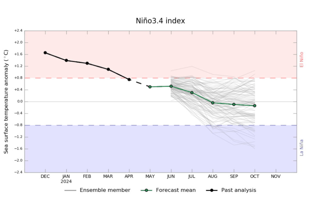Ha habido un enfriamiento sustancial durante la última quincena, con el índice NINO3.4 ahora dentro de los umbrales históricos para la fase neutral de ENOS. Ha habido un enfriamiento sustancial durante la última quincena, con el índice NINO3.4 ahora dentro de los umbrales históricos para la fase neutral de ENOS.
