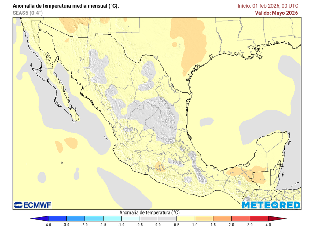 Anomalía de temperaturas en grados Celsius Conforme pase la primavera, el calor se sentirá como es típico, pero los frentes y masas polares pueden ser más frecuentes, refrescando y generando fuertes tormentas con granizo.