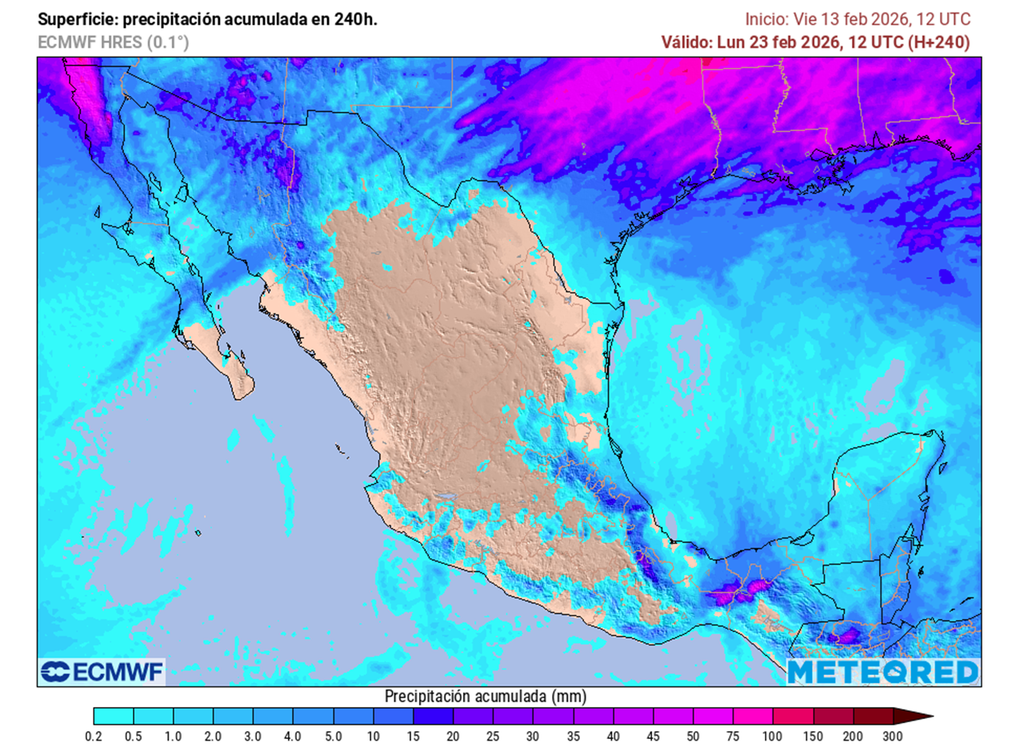 Pronóstico de lluvia acumulada en milímetros El resto de febrero, las lluvias seguirán escasas, aunque localmente fuertes principalmente en estados del Golfo de México, frontera norte y montañas del centro.