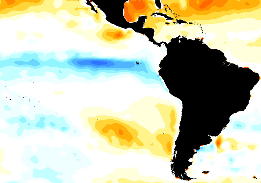Anomalías de temperatura superficial del mar en el Pacífico ecuatorial muestran aguas más frías de lo normal (tonos azules), una señal característica de La Niña que sigue influyendo en el clima de América Latina.