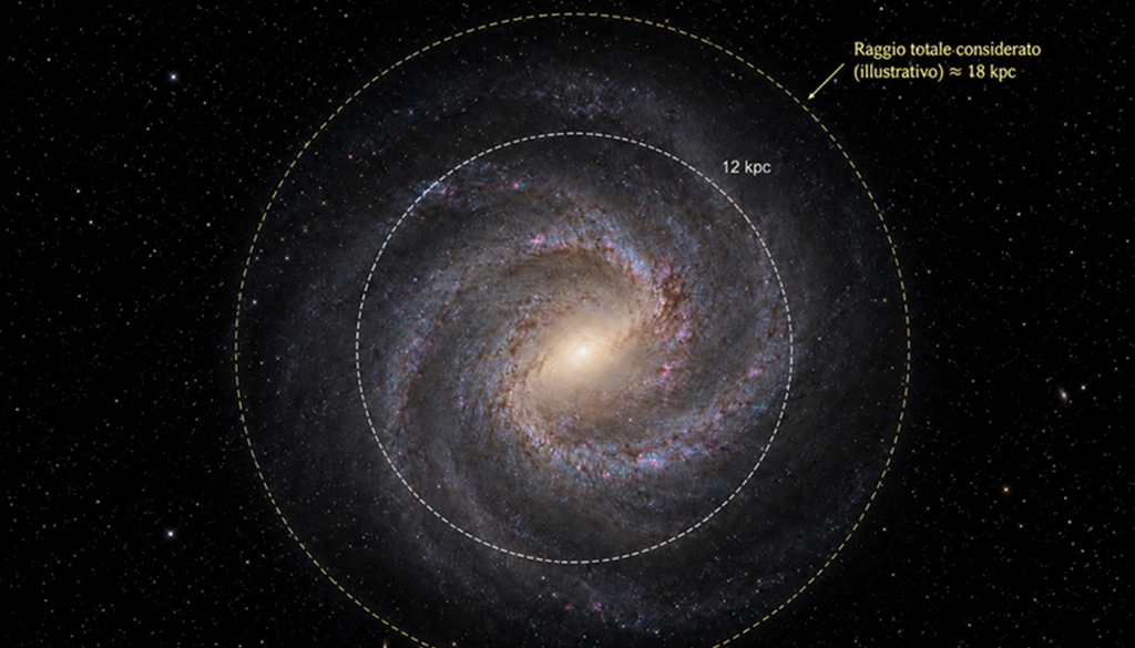 Rappresentazione della nostra Galassia con indicazione della posizione del break radius (circonferenza più piccola) e del Sole.