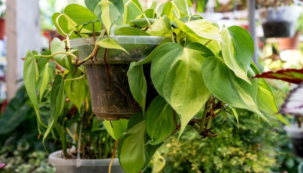 El Philodendron Brasil combina tonos verde oscuro con vetas en amarillo lima que varían en cada hoja, generando un efecto visual más dinámico que otras plantas de interior más uniformes.