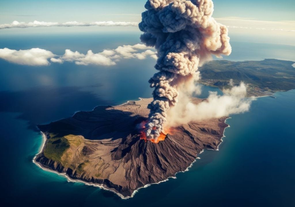 islote volcánico haciendo erupción, con una gran nube de cenizas y gases elevándose desde el cráter