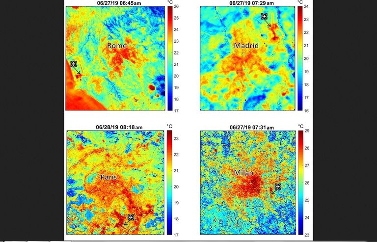 Imágenes realzadas de la temperatura superficial de cuatro grandes ciudades europeas durante la pasada ola de calor de junio de 2019 Imágenes realzadas de la temperatura superficial de cuatro grandes ciudades europeas durante la pasada ola de calor de junio de 2019