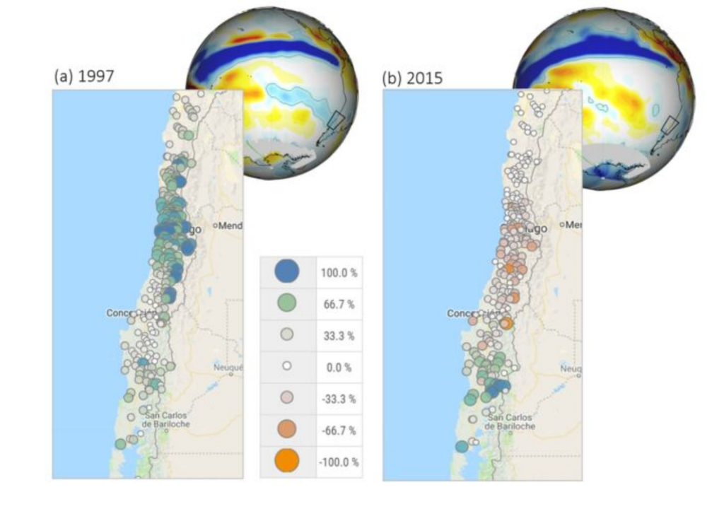 Los inviernos de 1997 y 2015 estuvieron marcados por intensos episodios de El Niño, pero sus efectos fueron muy distintos: mientras 1997 registró lluvias extraordinarias en Chile central, 2015 mantuvo condiciones deficitarias. Crédito: CR2, con datos de DMC, DGA y NOAA.