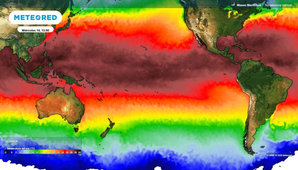 Las elevadas temperaturas superficiales del Pacífico ecuatorial reflejan el calentamiento oceánico asociado a El Niño, aunque no garantizan lluvias abundantes en Chile durante 2027.