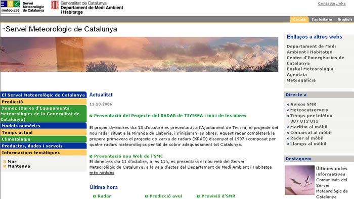 http://www.meteocat.com/RAMNueva página del SMC.El Servei Meteorológic de Catalunya ha cambiado su Web, ofreciendo nuevos servicios que el navegante podrá ir descubriendo en diferentes idiomas. Por ejemplo, se puede consultar parte de sus páginas en castellano e inglés, además del catalán. Buena iniciativa del SMC.Entre los elementos a destacar, que son varios, tenemos en el apartado de Climatología los Resúmenes meteorológicos diarios, los Boletines climatológicos mensuales, etc.Disponer de gran parte de información sobre el tiempo actual es otro elemento destacable.Dejamos que descubras la nueva página Web del SMC y esperamos que vaya aumentando contenidos, información, datos y más textos en castellano e inglés.Más en:http://www.meteocat.com/