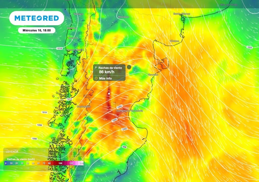 Viento miércoles El apretamiento de las isobaras durante el miércoles 16 de septiembre dará lugar a ráfagas superiores a los 85 km/h en el centro de la Patagonia.