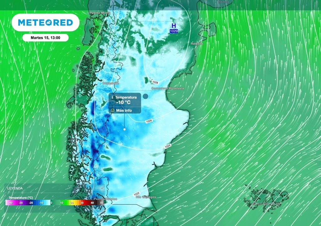 Aire antártico Tras el pasaje frontal se esperan mínimas en el entorno de los -10 ºC en algunos sectores del sur patagónico. Este frente no logrará progresar sobre el norte patagónico como la anterior irrupción antártica.