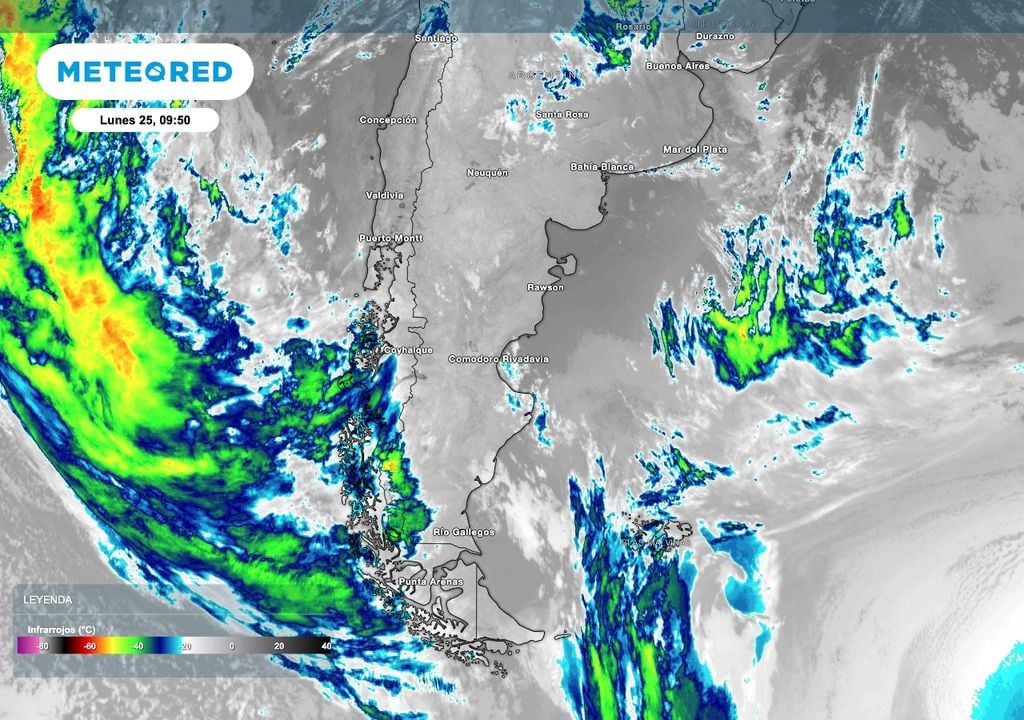 Satelite Patagonia En el inicio de la semana, el dominio continuado de altas presiones mantiene con escasa nubosidad a la mayor parte de la Patagonia.