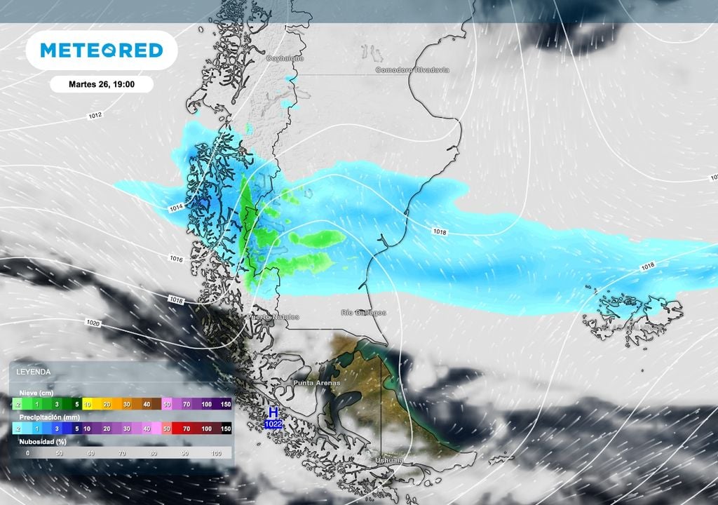 Nieve sur La presencia de un frente cálido ayudará al desarrollo de un área de lluvias y lloviznas, con nieve en sectores altos del sur de Santa Cruz. Esto ocurrirá durante el martes 26 de mayo. Se esperan lluvias sobre Río Gallegos.