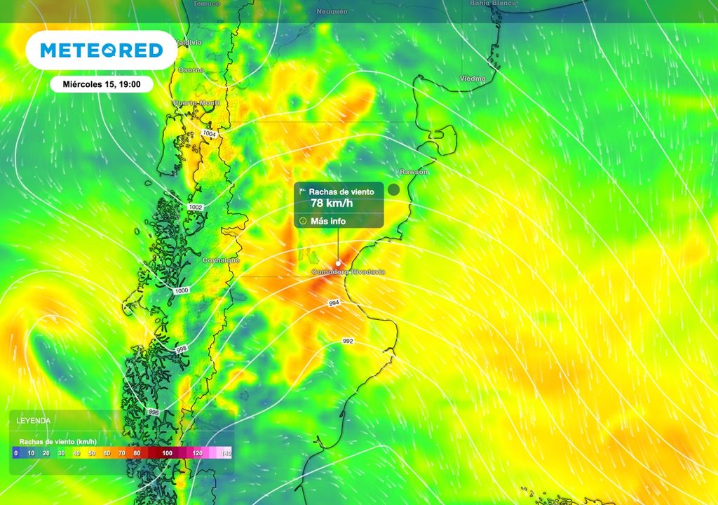 Viento El marcado gradiente de presión atmosférica generará períodos ventosos sobre la estepa de Chubut, norte de Santa Cruz y sur de Río Negro este miércoles 15.