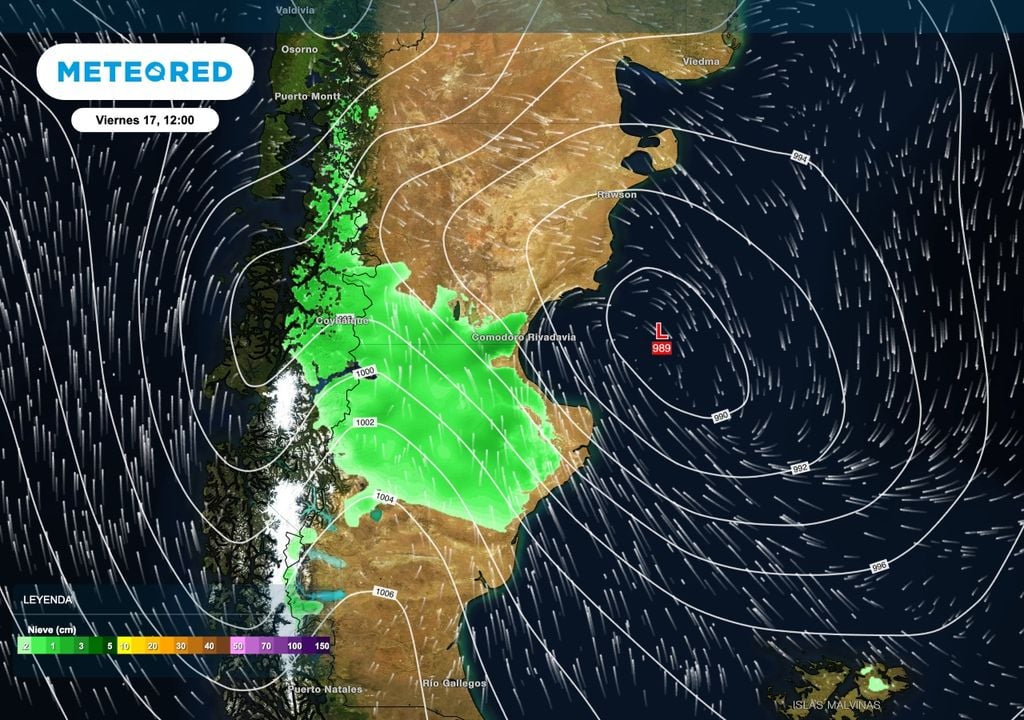 Nieve Patagonia Una vez que la baja se mueva al Atlántico su circulación del sudeste ayudará a producir nevadas sobre la estepa del sur de Chubut y el norte de Santa Cruz. Incluso algunos chaparrones de nieve alcanzarán a la zona de Comodoro Rivadavia.