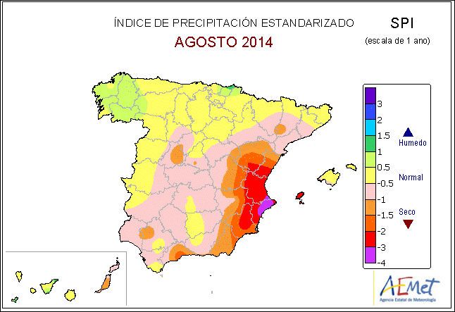 Índice de "sequía": indice de precipitación estandarizado anual (agosto 2013-2014). Fuente: AEMET