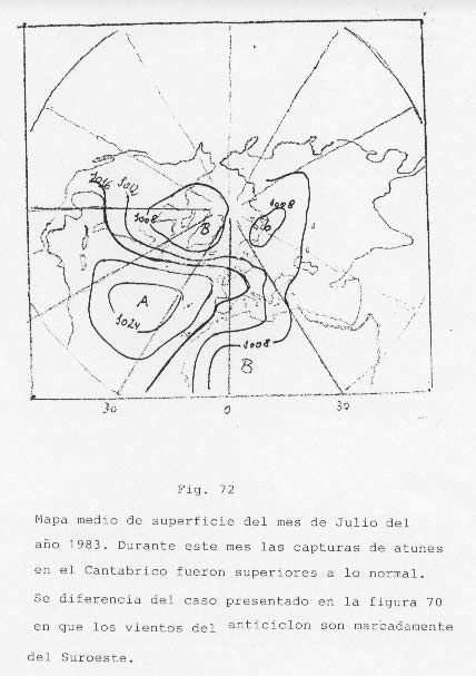 La Pesca Del Atun En El Cantabrico Meteorólogo: Dr. Antonio NayaNota de la RAM. Como ya hemos indicado otras veces, el Dr. Antonio Naya nos envía parte de un trabajo sobre pesca y meteorología. Las figuras están numeradas respecto a un trabajo originario suyo.El atún blanco es una especie marina que se captura en el Cantábrico entre los meses de Marzo y Diciembre. A continuación damos las toneladas mensuales que por termino medio fueron desembarcadas en Bermeo, Vizcaya, entre 1976 y 1983 ambos inclusive: Enero: 0; Febrero: 0; Marzo: 14; Abril: 82; Mayo: 1; Junio: 20; Julio: 14.250; Agosto:18.683; Septiembre:11.159; Octubre:5.015; Noviembre: 919; Diciembre: 391 .Estos datos nos dicen que el mes de mayor capturas es el de Agosto cuando la temperatura del agua marina alcanza su valor máximo. Esta variación estacional nos hace sospechar que su presencia en aguas del mar Cantábrico obedece a causas meteorológicas.Las capturas de atún blanco varían de un año para otro como se ve en la siguiente relación de toneladas desembarcadas en Bermeo entre 1976 y 1983.1976 :5284 Tm.1977 : 3544 Tm1978 : 5560 Tm1979 : 7621 Tm1980 : 7046 Tm1981 : 5035 Tm1982 : 7390 Tm1983 : 5361 Tm.En la figura 64 tenemos las toneladas mensuales que por termino medio fueron desembarcadas en Bermeo, Vizcaya, entre 1976 y 1983, ambos inclusive en función de la dirección del viento mas frecuente a las 7 horas T.M.G. en Sondica( en el eje de abcisas ) en Igueldo ( San Sebastián).Aparecen dos máximos uno de 1000 toneladas y otro de 2000 toneladas. El primero aparece con vientos de W y NW tanto en Sondica como en Igueldo. Como se sabe estos vientos son húmedos porque llegan del océano. El segundo máximo, el más importante aparece con vientos del NE y del NNE en Bermeo (prácticamente al nivel del mar ) y simultáneamente vientos del W y NW en Igueldo ( a 268 metros sobre el nivel del mar ).Los vientos secos del NNE y NE favorecen la evaporación del agua marina superficial intensificando el afloramiento ( upwelling ) de agua fría del fondo marino rico en plancton.La temperatura media del agua marina cerca de Vizcaya en el mes de Agosto, el mes de mayor capturas de atún blanco, oscila entre 20 y 21 grados Celsius así que el canal térmico entre 15 y 20 grados Celsius de la figura 69 nos idea la región de mayor población de atún blanco en Agosto.La interpretación es sencilla: unas ondas se movieron desde las costas atlánticas de Norteamérica produciendo afloramientos de agua fría que produciendo plancton servían de alimento a los cardúmenes de atún blanco. Los vientos del W y SW del anticiclón del anticiclón de Azores favorecían el movimiento hacia Europa del plancton. La zona de mayor upwelling correspondía a la zona entre Galicia y Canal de la Mancha donde se ve ubicada una onda media.