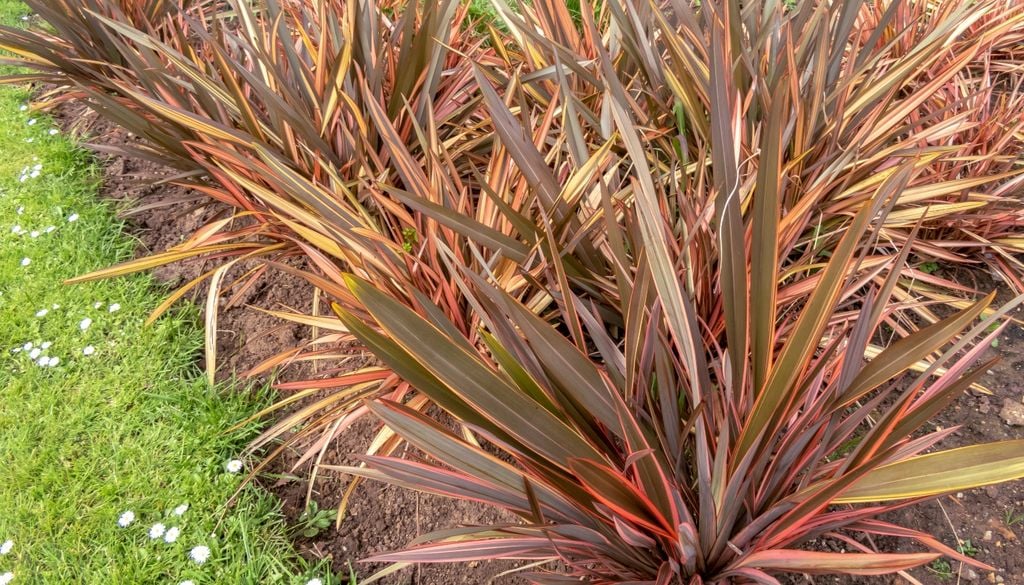 plantas Las hojas del formio despliegan una paleta que va desde verdes y cobres hasta tonos púrpuras y bordes crema.