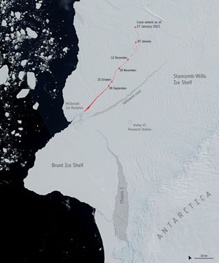 La plataforma de hielo Brunt está al borde del abismo en la Antártida