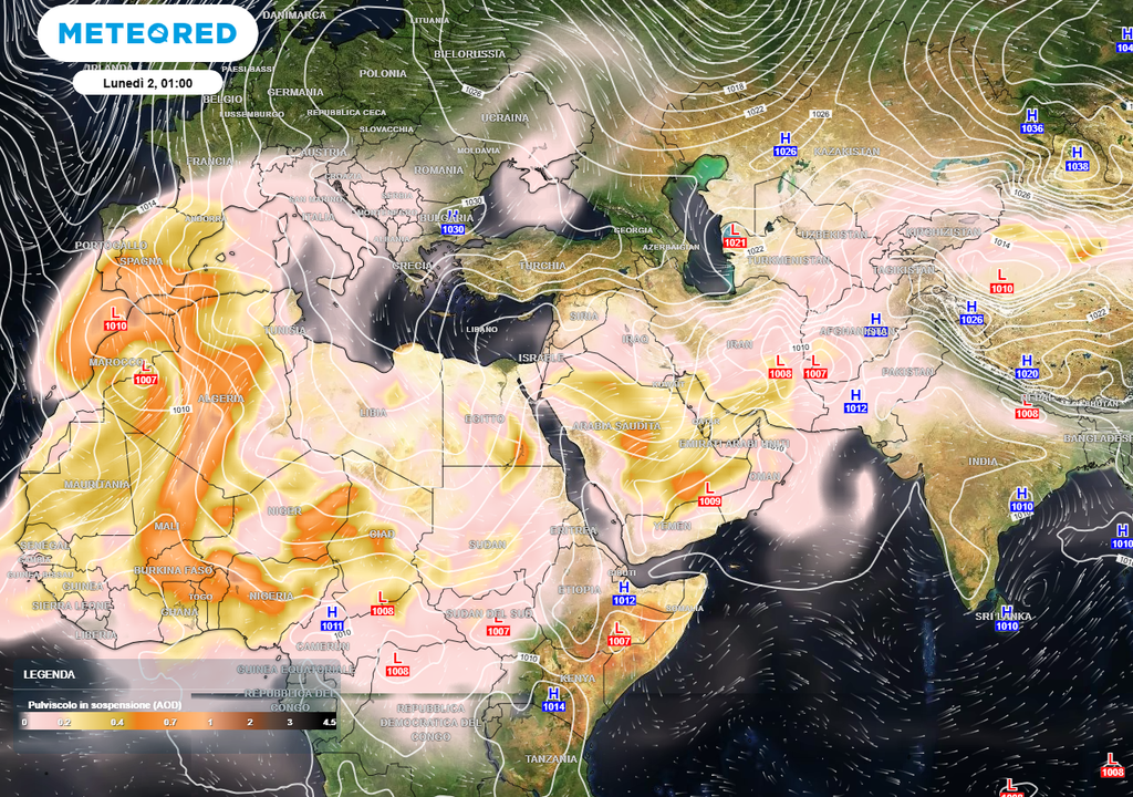 Pulviscolo desertico. La probabilità che la nube raggiunga in modo significativo l'Italia è al momento elevata, stimata intorno al 70-90% per le regioni meridionali e insulari, secondo il nostro modello di dispersione del pulviscolo.