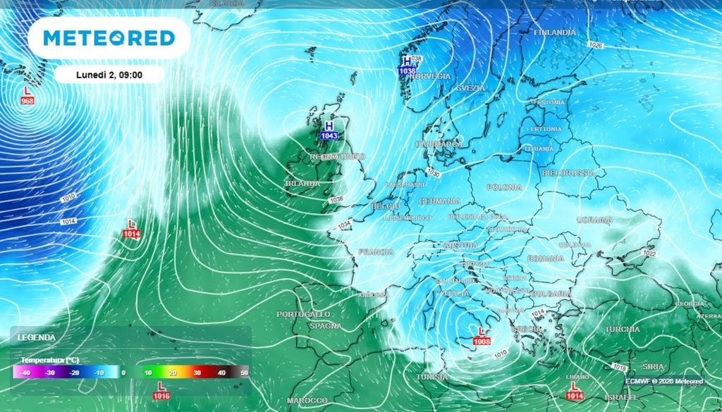 Mappa delle temperature a 700 hPa, riferita a lunedì prossimo, ci aiuta ad evidenziare la massa d'aria fredda in arrivo nei prossimi giorni sul nostro Paese. ECMWF-MeteoRed