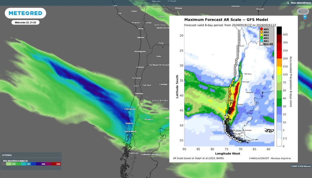 Un río atmosférico de categoría 4 llegará a Chile durante la próxima semana. La escala de intensidad va de 1 a 5, atribuyéndose la categoría 5 a los ríos atmosféricos más intensos.