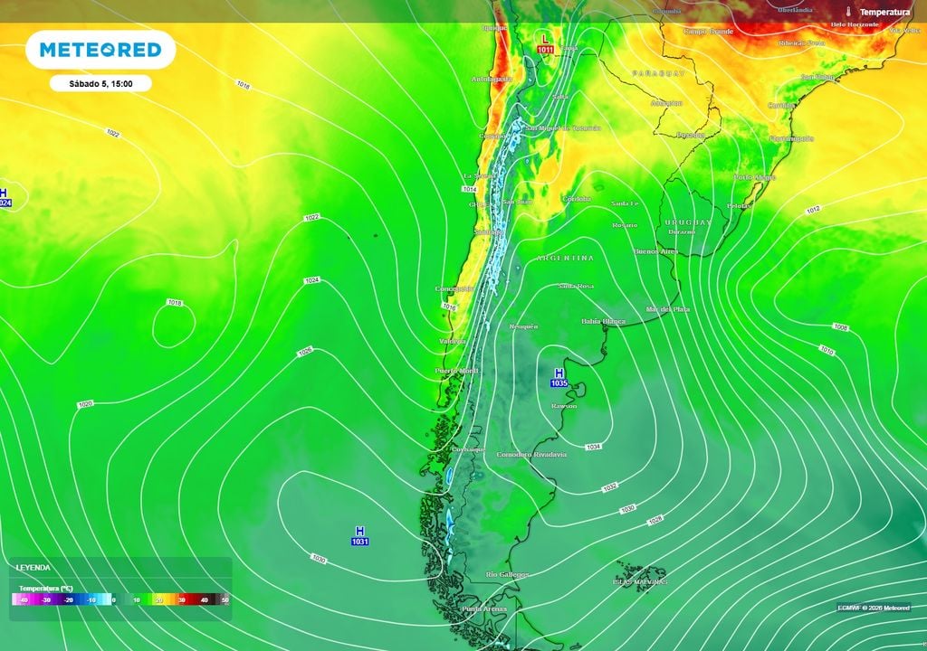 presión y temperaturas previstas Durante el fin de semana, la alta presión migratoria avanzará hacia Argentina, favoreciendo el desarrollo de la vaguada costera y elevando las temperaturas en la zona norte y central.