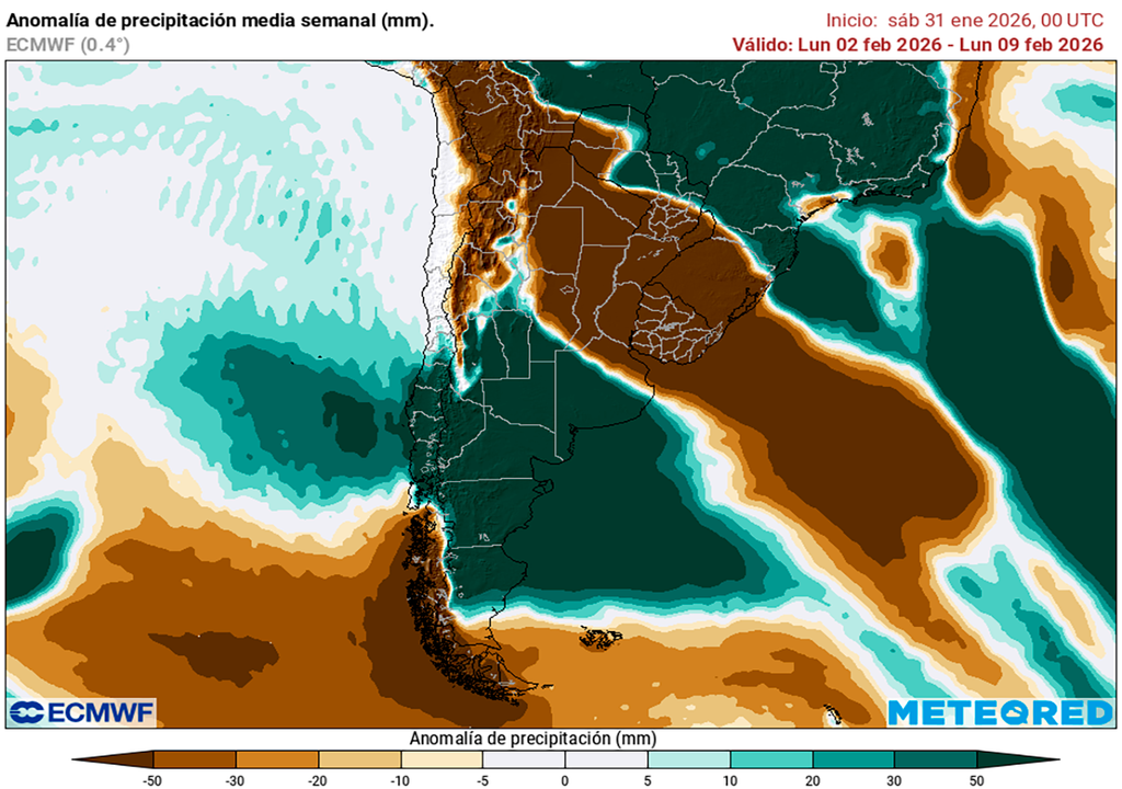 Lluvia, Tormentas, Sequía, Calor, Ola de Calor, Argentina, Litoral, Pampeana, Buenos Aires, Argentina, Tiempo, Clima, Pronóstico Anomalía de temperatura prevista para la primera semana de febrero según el modelo ECMWF