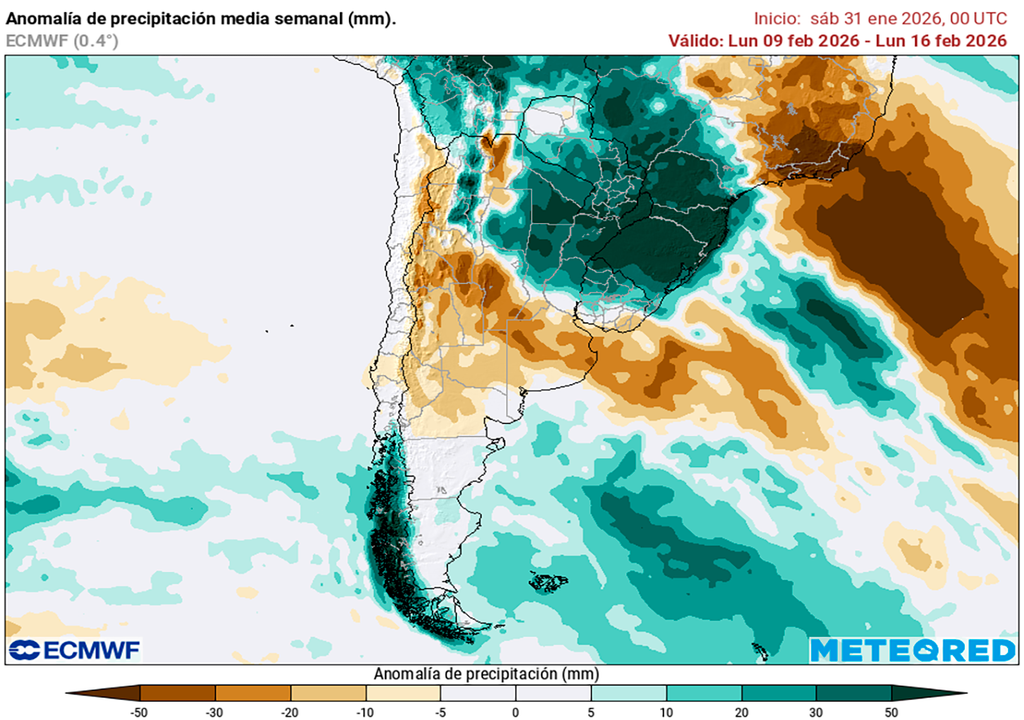 Lluvia, Tormentas, Sequía, Calor, Ola de Calor, Argentina, Litoral, Pampeana, Buenos Aires, Argentina, Tiempo, Clima, Pronóstico Anomalía de precipitaciones prevista para la segunda semana de febrero según el modelo ECMWF