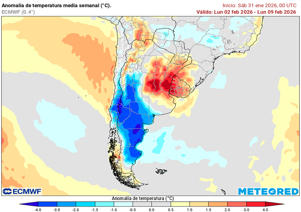 Lluvia, Tormentas, Sequía, Calor, Ola de Calor, Argentina, Litoral, Pampeana, Buenos Aires, Argentina, Tiempo, Clima, Pronóstico Anomalía de temperatura prevista para la primera semana de febrero según el modelo ECMWF