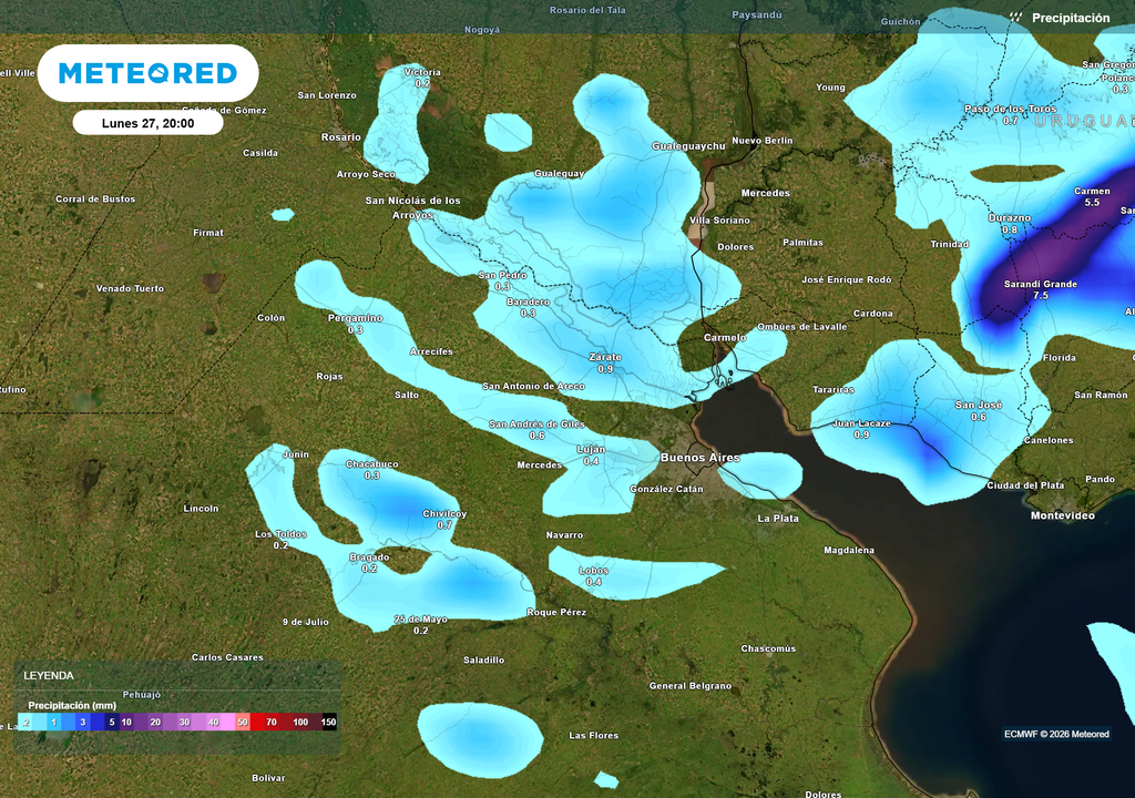 Precipitación__Lunes 27 20 Precipitación según el modelo ECMWF el lunes 27 de Julio a las 20 h en Buenos Aires.